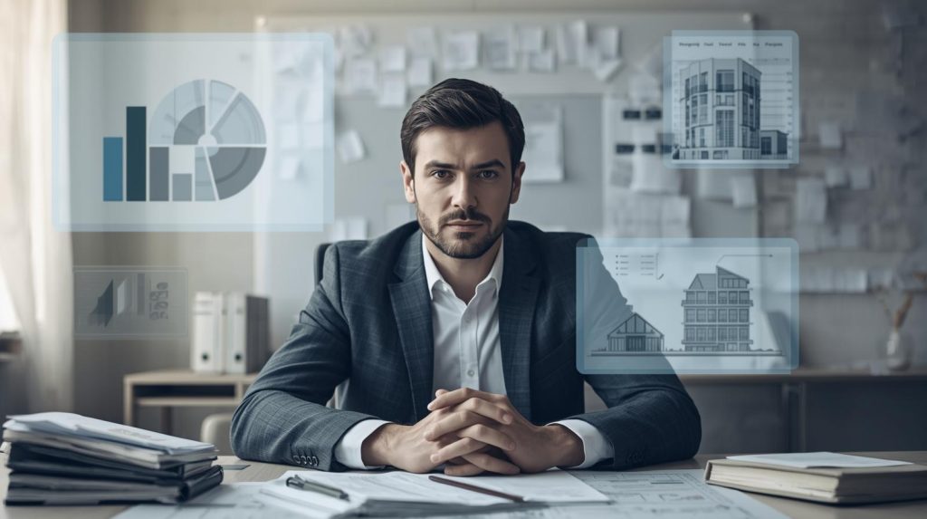 image sur gestion d'entreprise . on voit un homme chef d'entreprise avec tous les paramétres qu'il doit gérer (finances, immobilier, management, rentabilité)