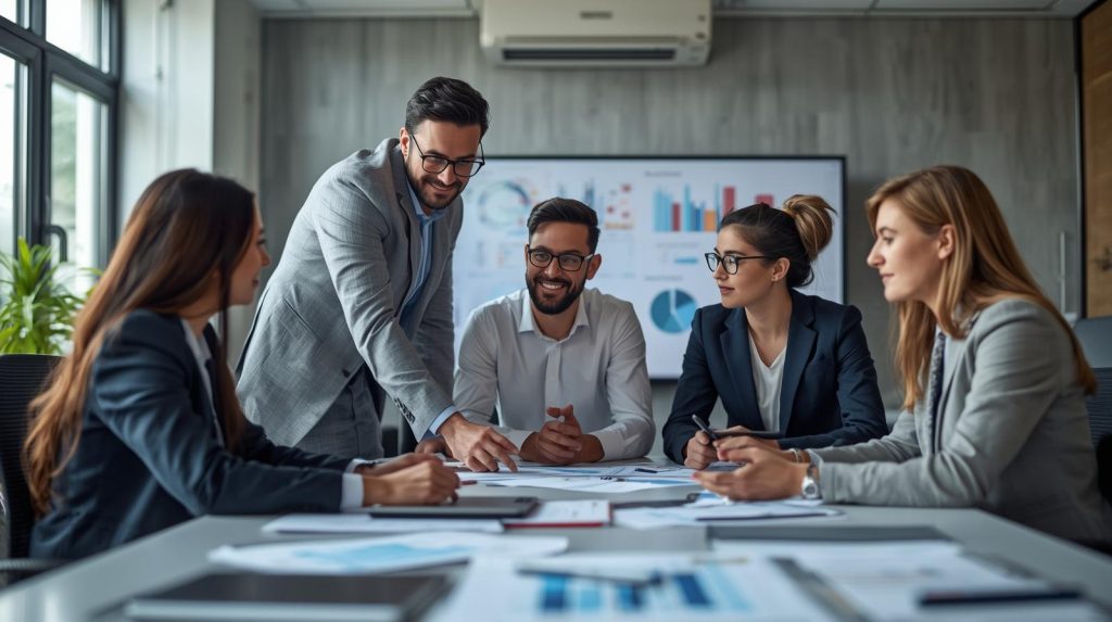image sur le management entreprise. il y a des hommes et femmes autour d'une table de travail. ces personnes sont dans un bureau en train de travailler pour une entreprise. sur la table il y a des documents