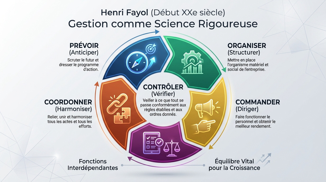 Schéma illustrant le cycle des 5 fonctions de gestion selon Henri Fayol : Prévoir, Organiser, Commander, Coordonner, Contrôler