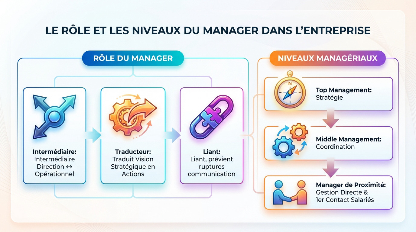 Schéma illustrant les trois niveaux de management : stratégique, tactique et opérationnel