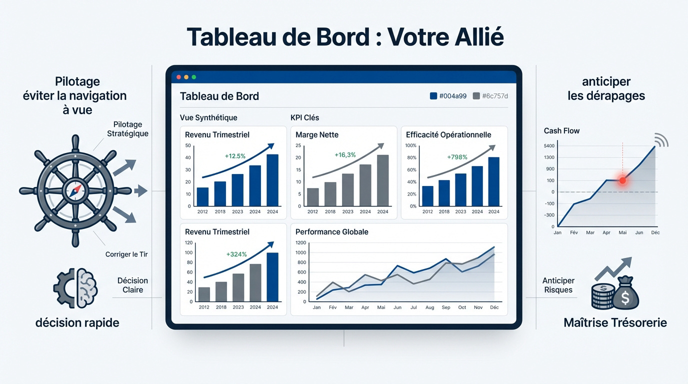 Tableau de bord de gestion affichant des indicateurs financiers et de performance pour le pilotage d'entreprise